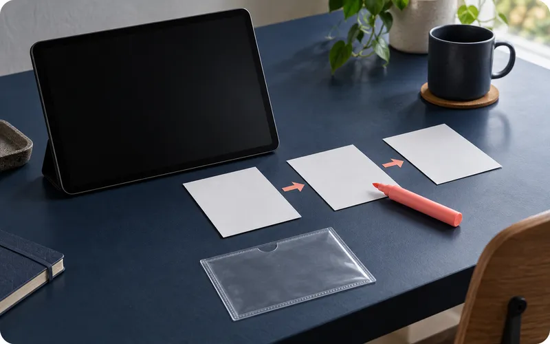 An unbranded tablet sits beside ordered blank reproduction cards.