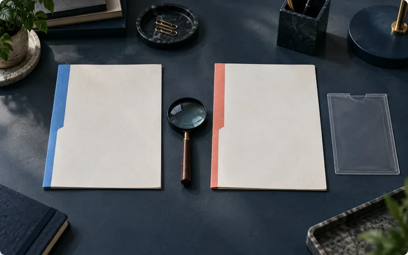 Two blank evidence sleeves stand apart with a magnifier between them.