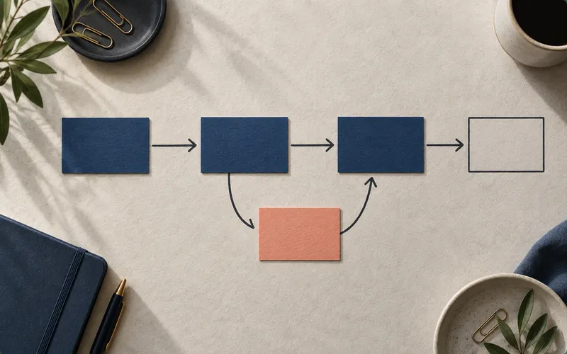 Blue index cards show a main path and a separate coral alternate branch.